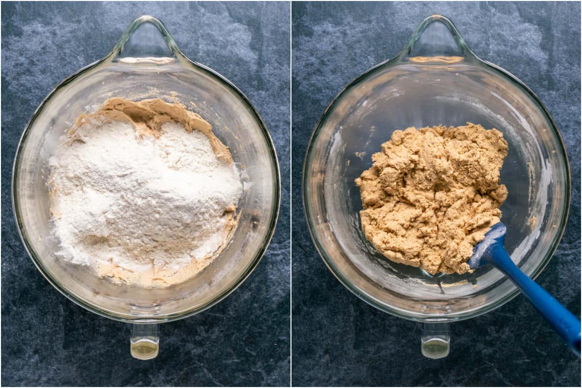 Dry ingredients added to wet and mixed into a cookie doug.
