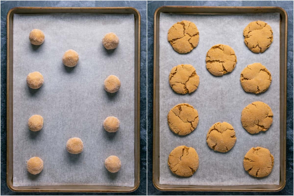 Balls of cookie dough on a baking sheet before and after baking.