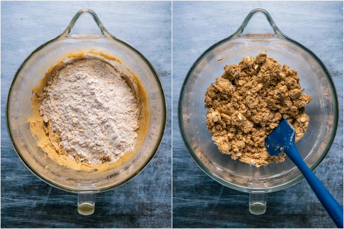 The dry ingredients are added to the wet and mixed until crumbly.