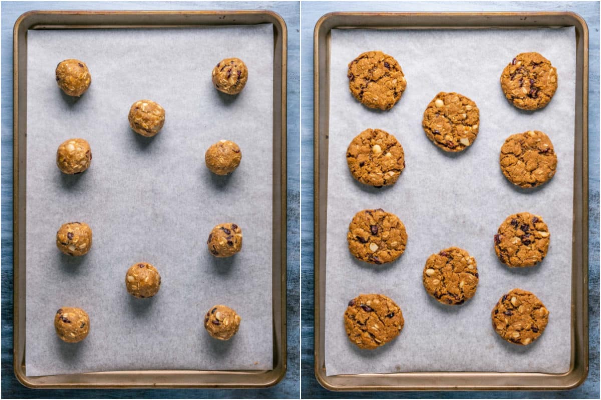 Cookie dough is rolled into balls on a parchment lined tray and baked.