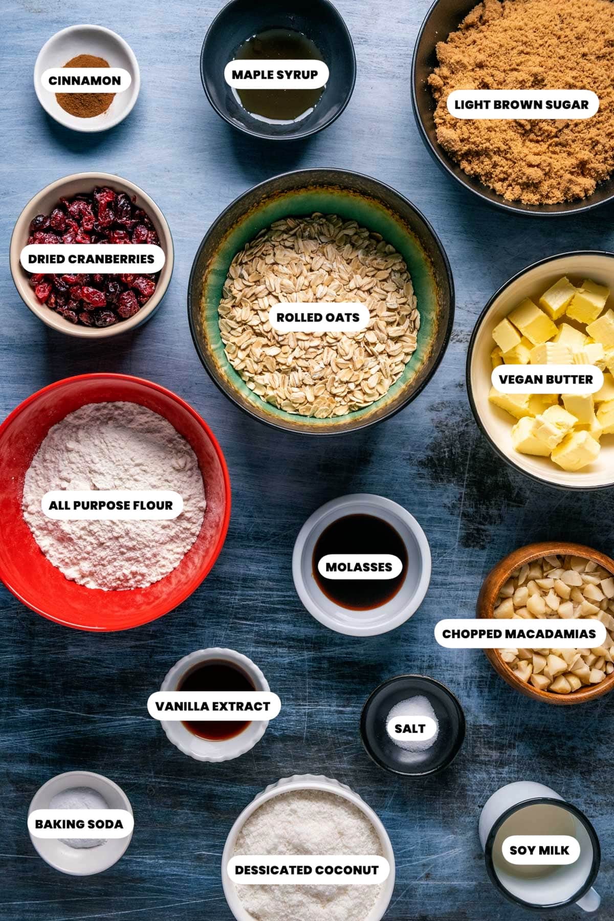 Labeled ingredients for vegan oatmeal cranberry cookies.