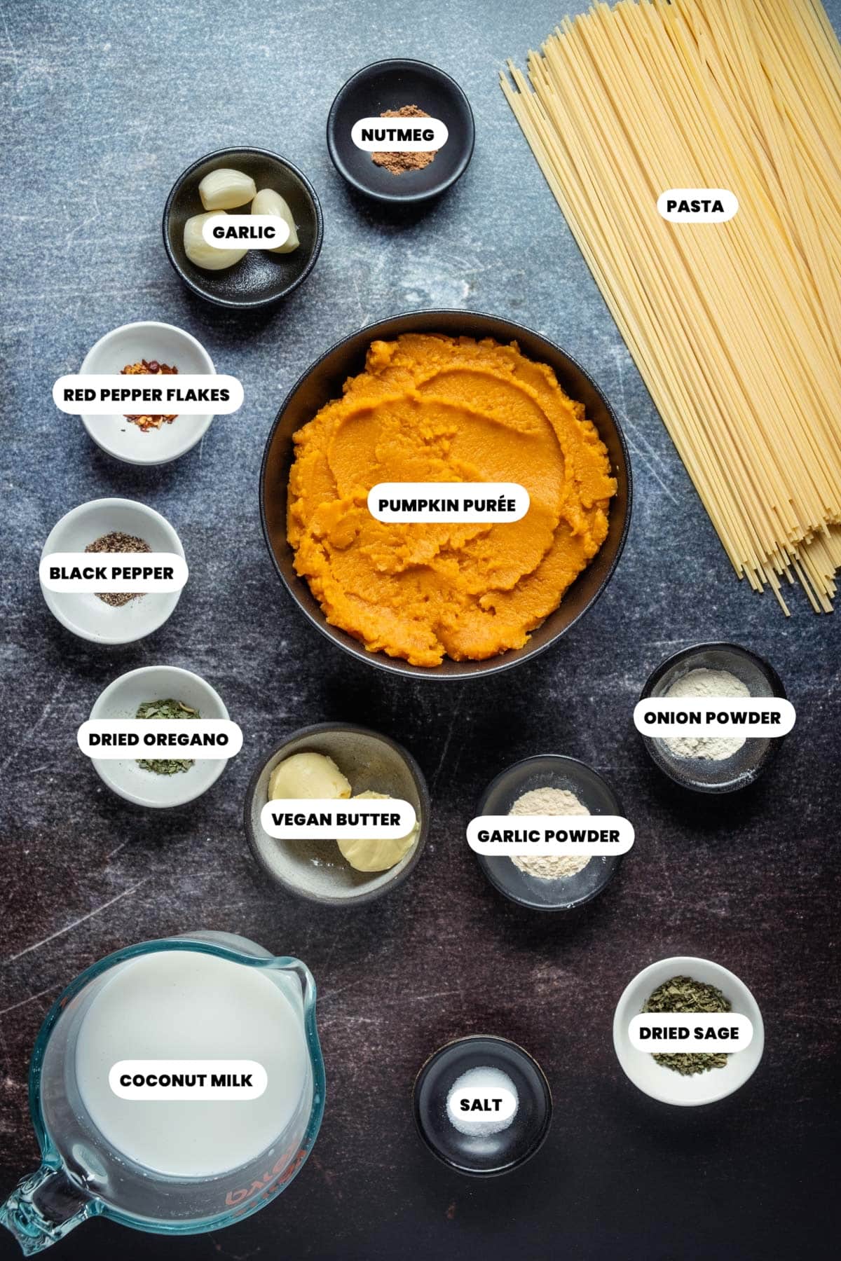 Ingredients for vegan pumpkin pasta.