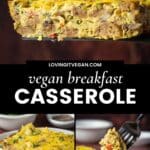 piece of vegan breakfast casserole on white plate