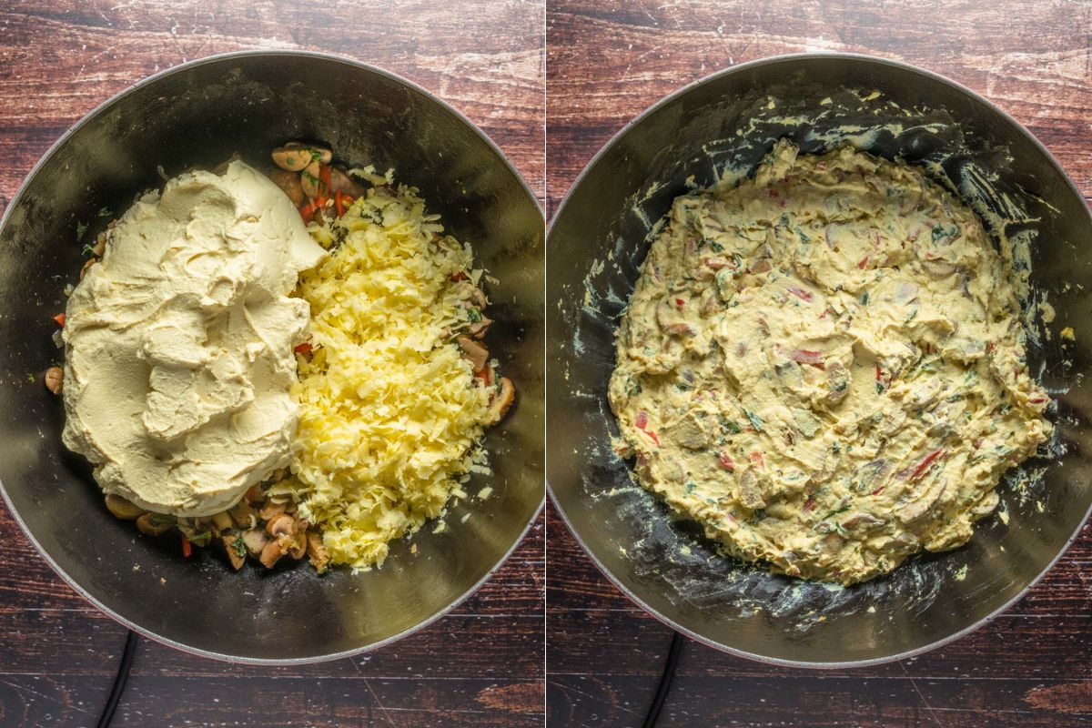 Die Tofu-Ei-Mischung und den veganen Käse zur Wurstmasse geben und in der Mulde vermischen.
