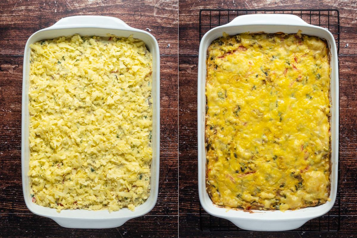 Spread tofu egg and cheese mix evenly in prepared dish and bake.