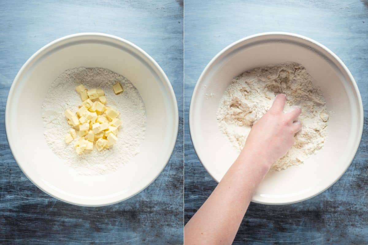 Add cold butter to dry ingredients and mix.