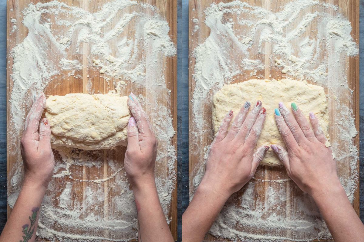 Turn dough and flatten with hands into rectangle