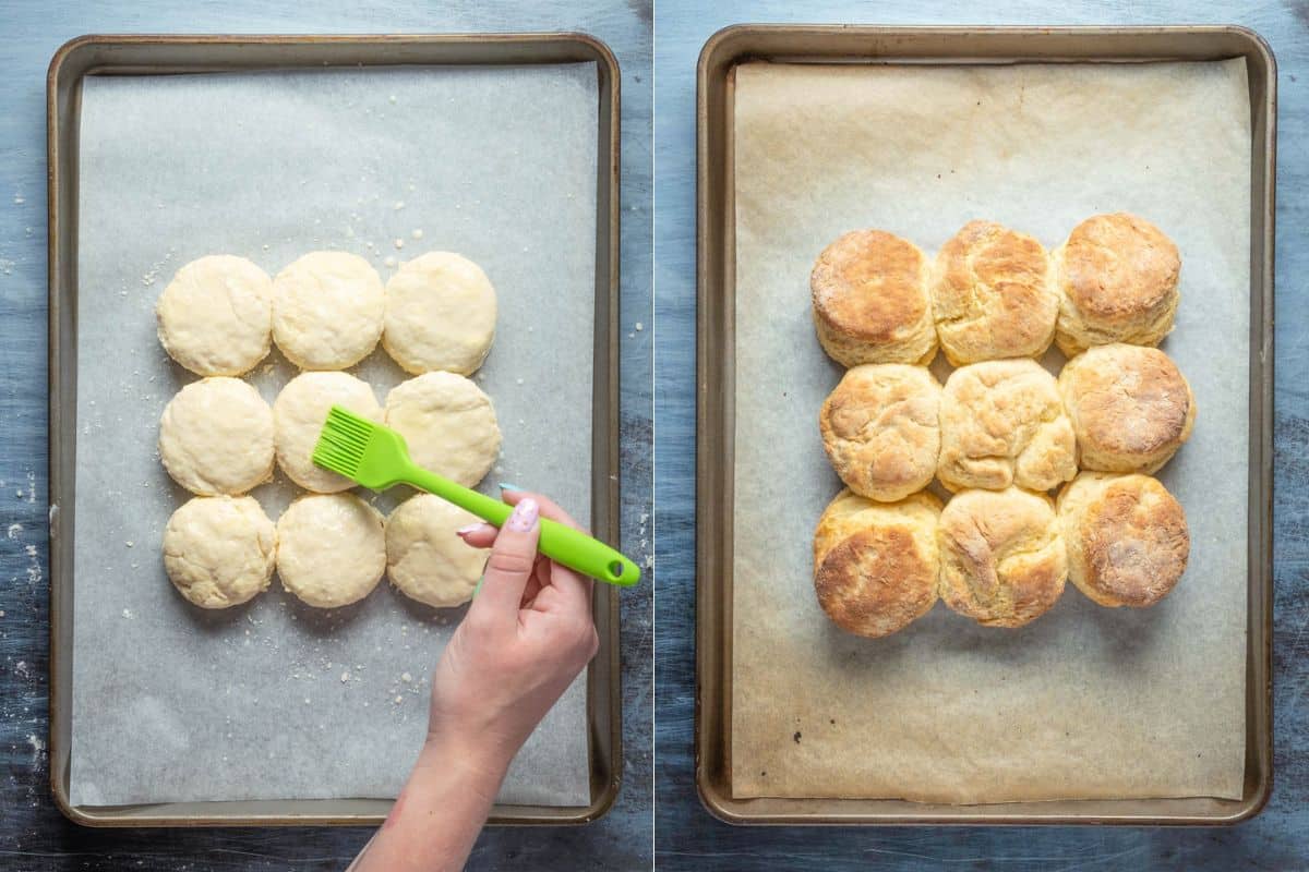 Vegan Buttermilk Biscuits before and after baking