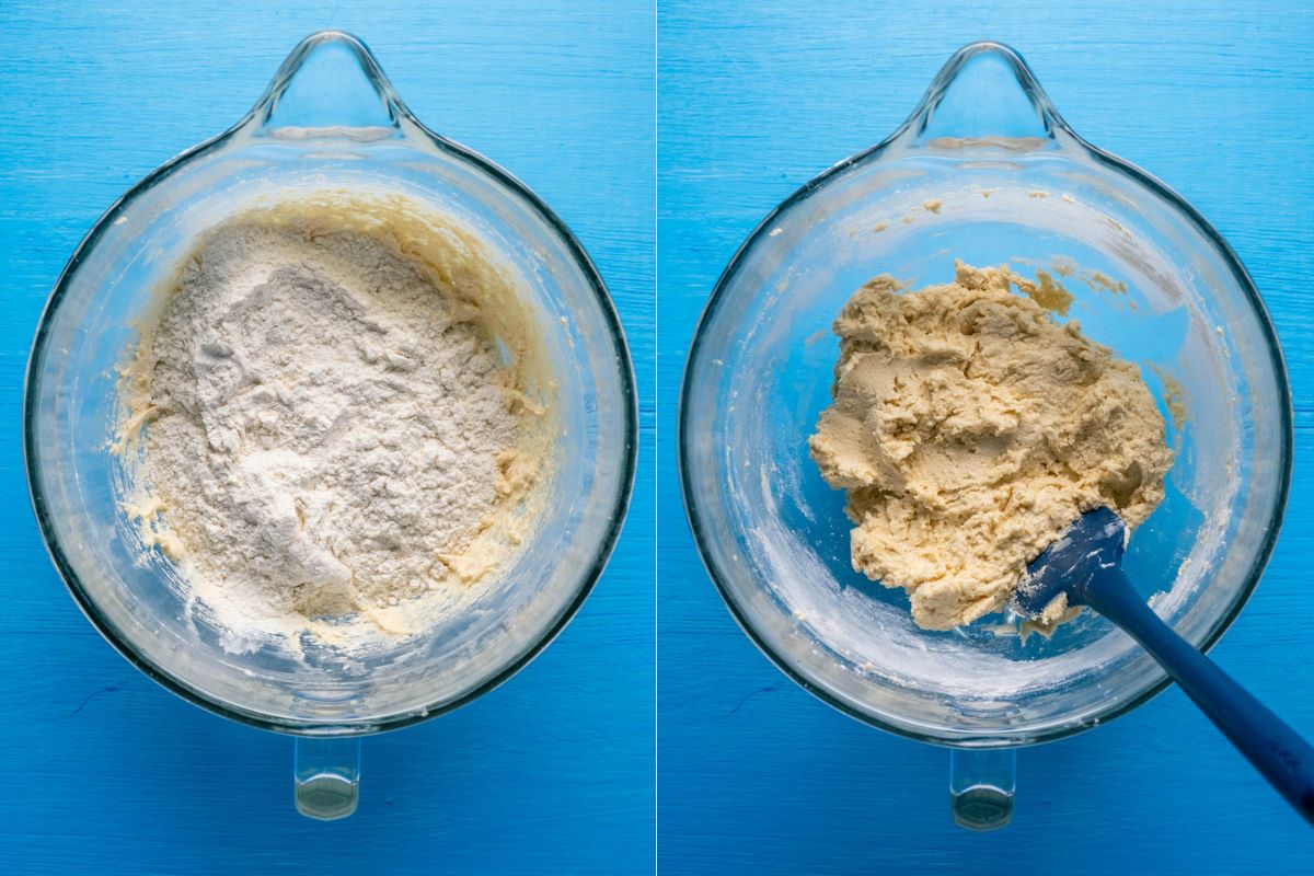 Dry ingredients added to wet and mixed into a cookie dough.