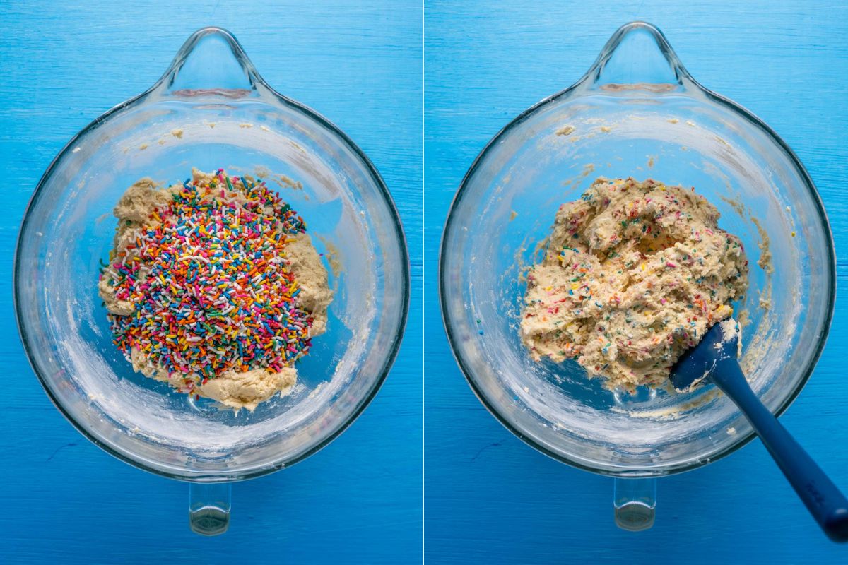Funfetti sprinkles added and mixed in to cookie dough.
