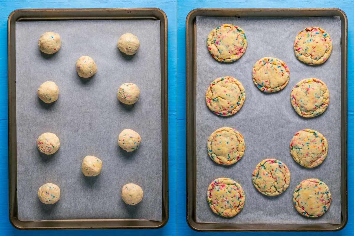 Cookie dough balls on a baking sheet before and after baking.