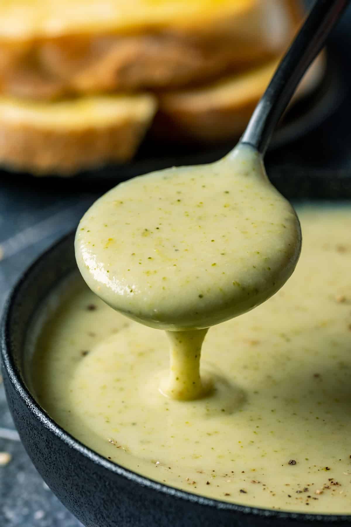 A spoonful of Vegan Potato Broccoli Soup.