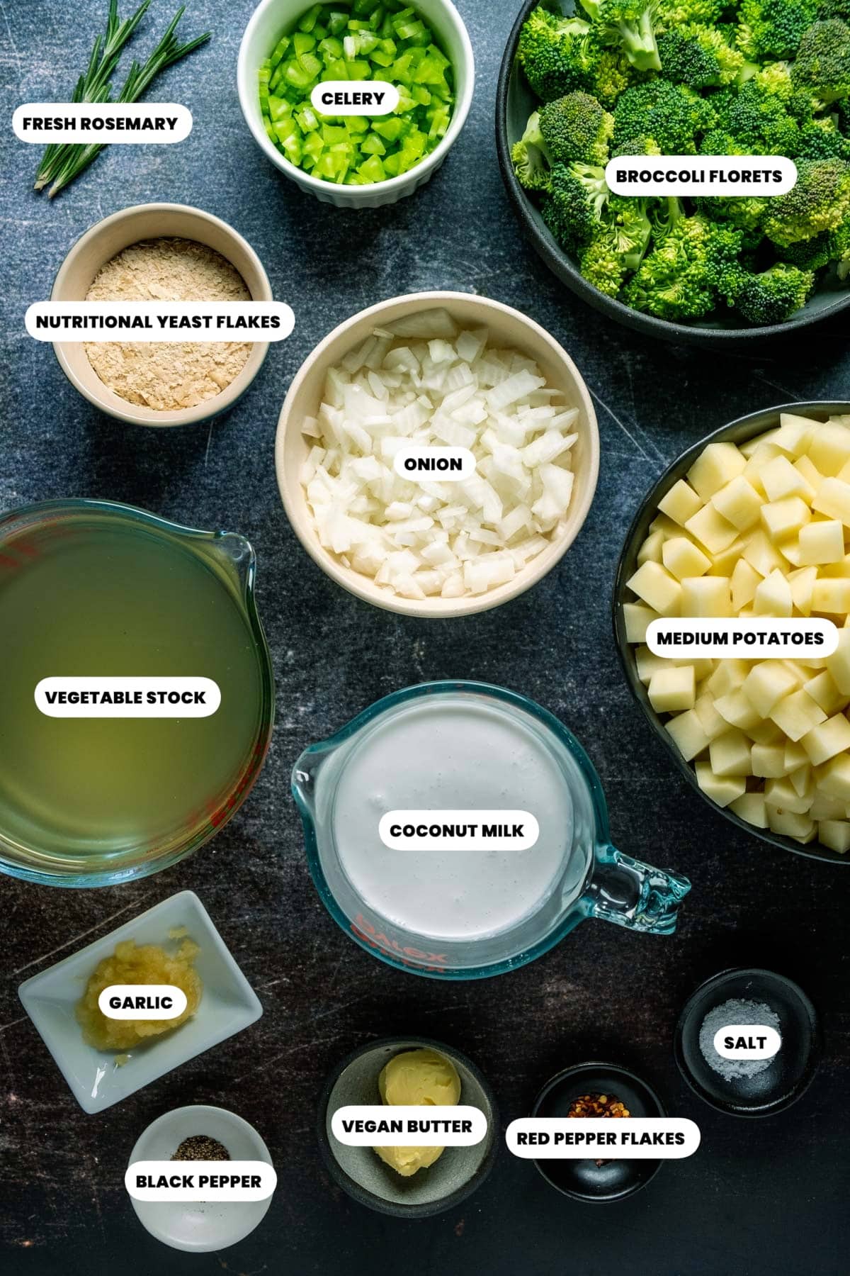 Ingredients needed for Vegan Potato Broccoli Soup 