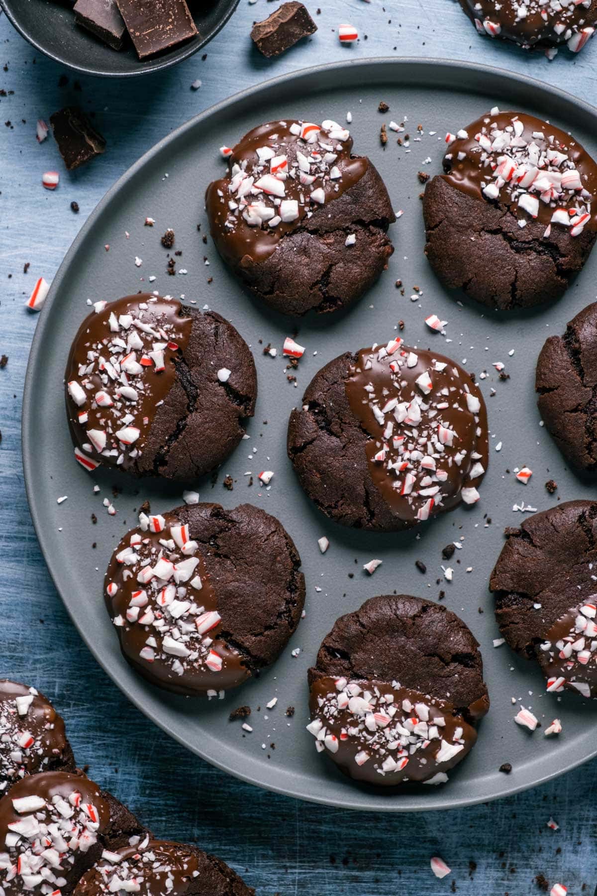 Vegan chocolate peppermint cookies on a gray plate