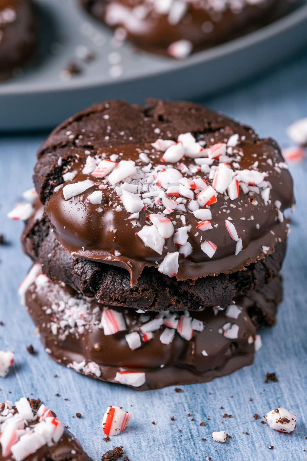 A stack of 3 vegan chocolate peppermint cookies
